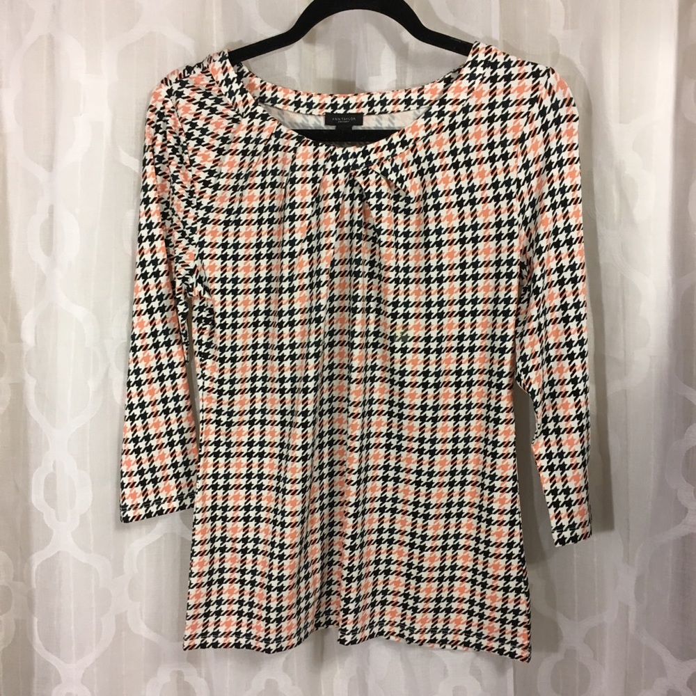 Ann Taylor Houndstooth 3/4 Sleeve Top Black Orange - Picture 1 of 8